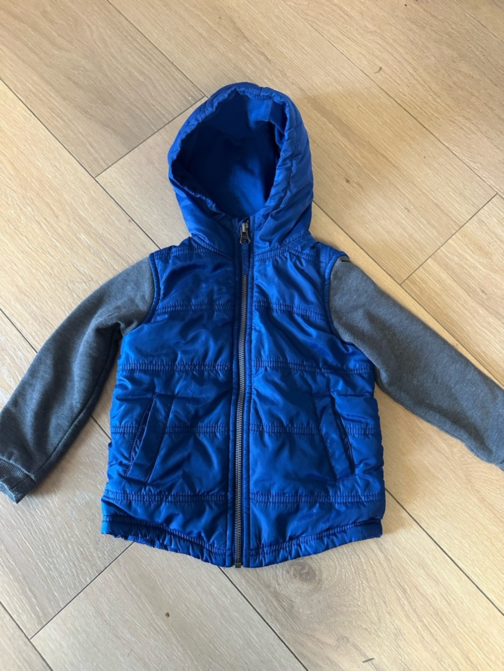 Blue Puffer Vest Hoodie with Gray Sleeves 2T